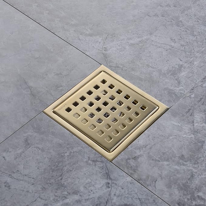 4 Inch Brushed Gold Shower Floor Drain Square for Bathroom Kitchen Removable Grill Plate Cover with Flange Kit, Sus304 Stainless Steel Brass Finish