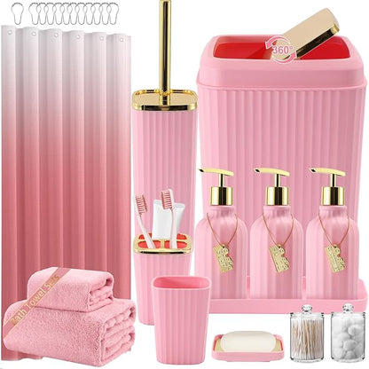 32PCS Bathroom Accessories Set Bathroom Set,Pink Shower Curtain Set,Bath Towel Set,Hand Towel,Toilet Brush,Trash Can & 3PCS Soap Dispenser