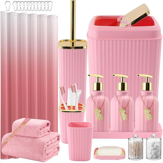 32PCS Bathroom Accessories Set Bathroom Set,Pink Shower Curtain Set,Bath Towel Set,Hand Towel,Toilet Brush,Trash Can & 3PCS Soap Dispenser