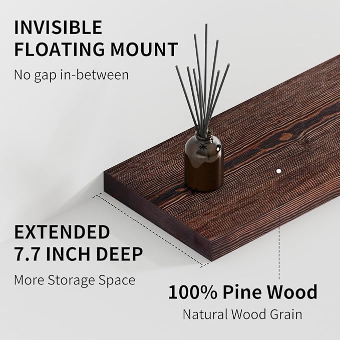 SAUMONIERES Floating Shelves 8 Inch Deep Solid Wood Wide Wall Shelf Set of 1 Wall Mounted for Bedroom Bathroom Living Room Kitchen, 48 Inch Walnut