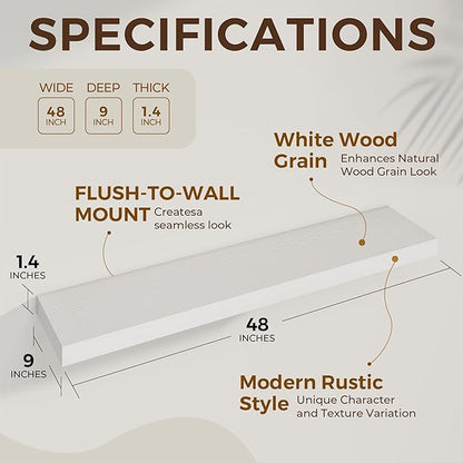 48 inch Floating Shelves for Wall Large Wall Mounted Shelves with Invisible Brackets, White Long Shelves for Bathroom, Living Room, Kitchen, Office, 48x9.1 inch deep Set of 2