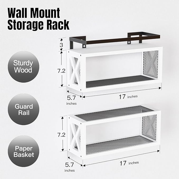 RICHER HOUSE Floating Shelves with Guardrail, Rustic Wood Shelves for Wall Décor, Farmhouse Bathroom Accessories Wall Mounted, Bathroom Organizer Over Toilet Storage, Kitchen, Living Room - White