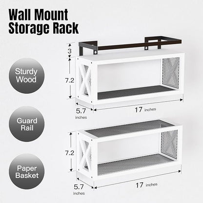 RICHER HOUSE Floating Shelves with Guardrail, Rustic Wood Shelves for Wall Décor, Farmhouse Bathroom Accessories Wall Mounted, Bathroom Organizer Over Toilet Storage, Kitchen, Living Room - White