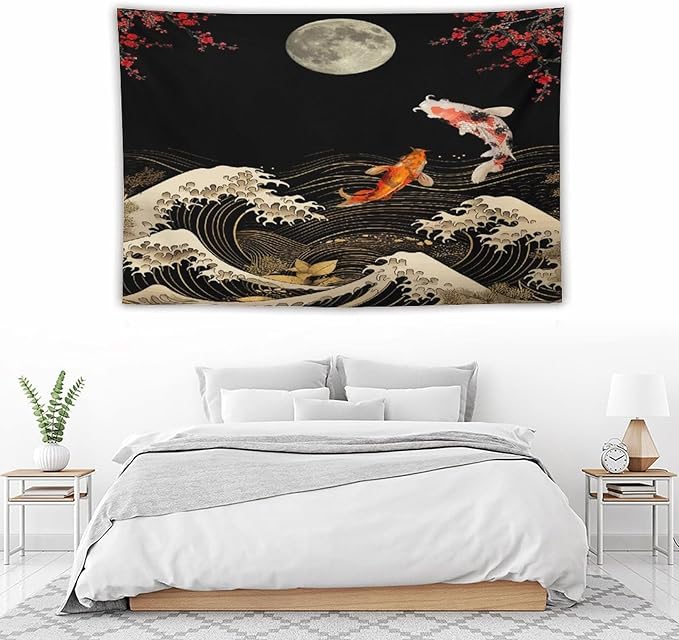 Houselerax Koi Fish Tapestry, Japanese Style Yin Yang Big Wave Cherry Blossom Tapestries Wall Hanging for Bedroom Living Room Office Decor 90"x60"
