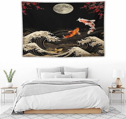 Houselerax Koi Fish Tapestry, Japanese Style Yin Yang Big Wave Cherry Blossom Tapestries Wall Hanging for Bedroom Living Room Office Decor 90"x60"