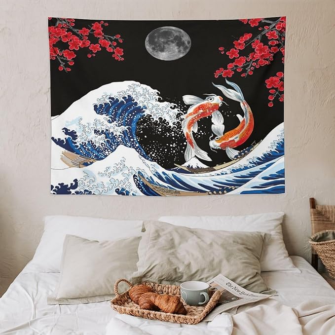 Houselerax Japanese Koi Fish Tapestry, Yin Yang Big Wave Red Cherry Blossom Tapestries Wall Hanging for Bedroom Living Room Office Decor 40"x30"