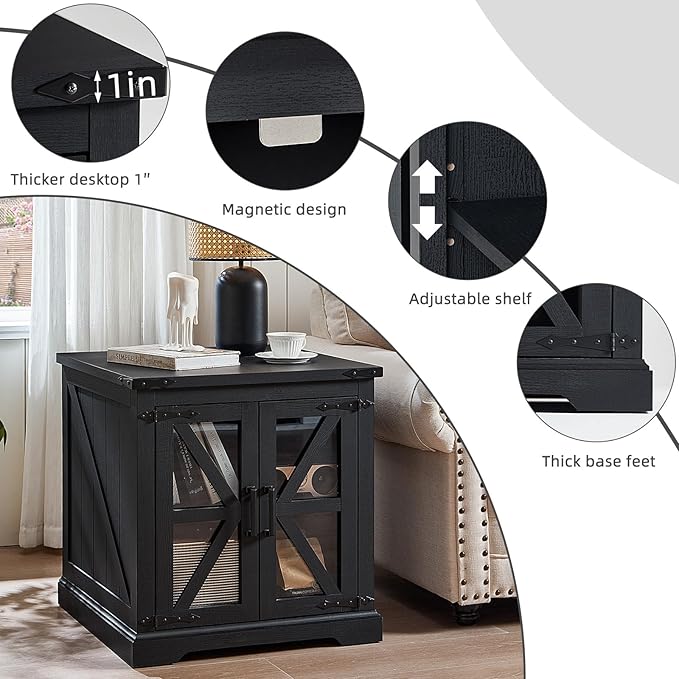 24" End Table with Charging Station, Farmhouse Night Stand with Glass Barn Door, Black Nightstands with Adjustable Storage Shelf, Large Wood Square Bed Side Table for Living Room,Bedroom