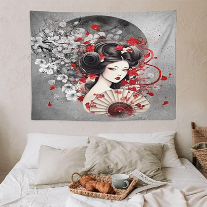 Japanese Geisha Tapestry Asian Red Cherry Blossom Red Sun Traditional Kimono Folk Tapestries Home Decor for Living Room Bedroom Apartment Farmhouse Dorm 40"x30"