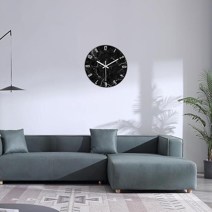 Black Minimalist Wall Clocks for Living Room Glass Marble Pattern Wall Clocks Battery Operated 12 Inch Abstract Wall Clock Non Ticking