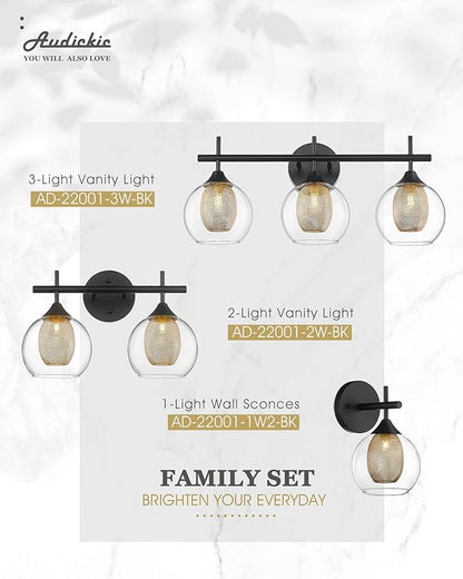 Black Wall Sconce Set of 2, Bathroom Vanity Light Fixture with Clear Glass and Honeycomb Metal Shade, Sconces Wall Lighting for Mirror Bedroom Hallway, AD-22001-1W2-BK