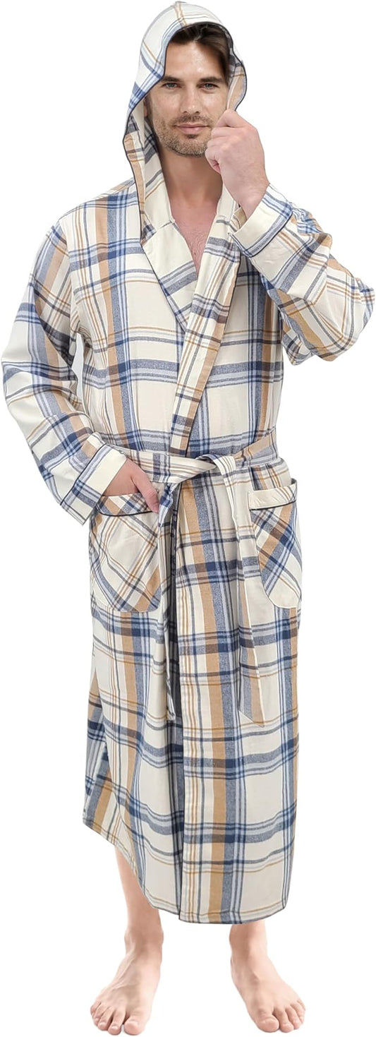 Andrew Scott Mens' Robe with Hoodie| Cotton Flannel Brush Plaid | All Season | Full Length House Robe