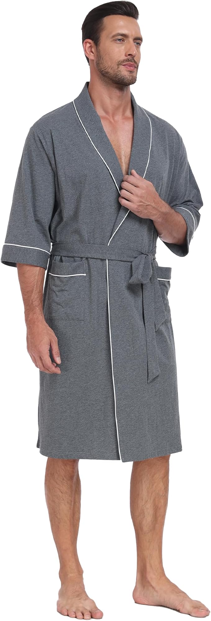 CF Men's Robe Cotton Bathrobe Soft Short Sleeve Bath Robes Shower Robe for Spa Soft Kimono Lightweight Sleepwear with Pockets