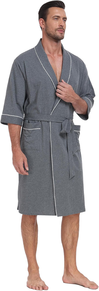 CF Men's Robe Cotton Bathrobe Soft Short Sleeve Bath Robes Shower Robe for Spa Soft Kimono Lightweight Sleepwear with Pockets