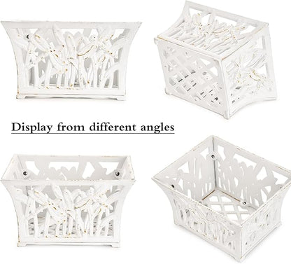 Sungmor Heavy Duty Cast Iron Planter Basket w/Non-Woven Growing Bag, Unique Shape & Beautiful Pattern Design, Hollow Orchid Flower Pot Garden Tools Holder, Rust White French Country Decor Container