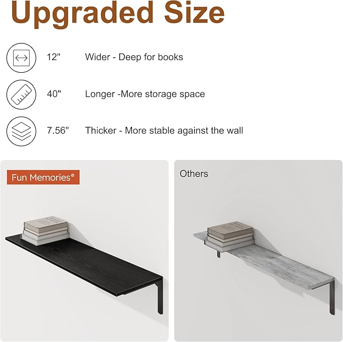 Black Floating Shelves 40"W x 12"D, Deep Wall Shelves with Brackets for Books, Plant, 12 Inch Deep Bathroom Shelf Set of 2, Large Floating Shelf for Living Room, Bedroom, Kitchen, Set of 2