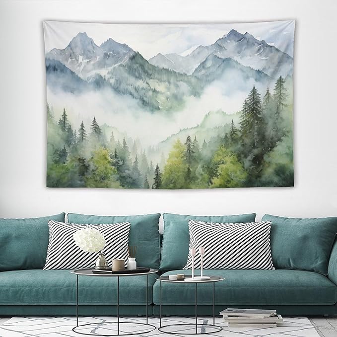 HZOHNAGO Mountain Tapestry Misty Green Forest Mountain Pattern Printed Wall Tapestry Wall Hanging for Bedroom Living Room Dorm 60" W x 40" H