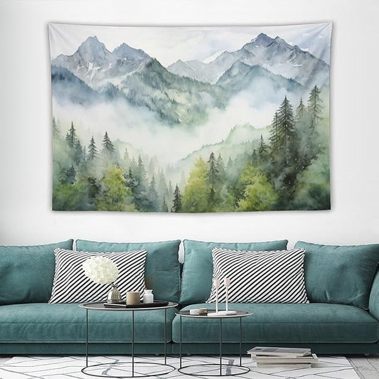 HZOHNAGO Mountain Tapestry Misty Green Forest Mountain Pattern Printed Wall Tapestry Wall Hanging for Bedroom Living Room Dorm 60" W x 40" H
