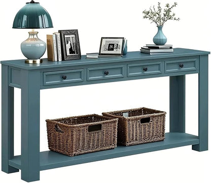 Solid Wood Console Table,63 in Long Sofa Table Entryway Table with 4 Drawers and Bottom Shelf for Hallway Living Room Couch Table,Fully Assembled (63" Dark Blue)