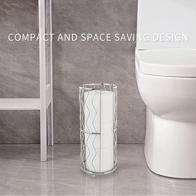 Decorative Metal Standing Toilet Tissue Holder for Bathroom/Powder Room, Compact Tissue Reserve for 3 Jumbo Rolls of Extra Toilet Paper Chrome