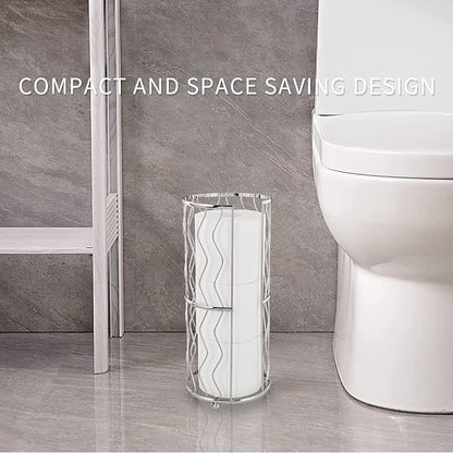 Decorative Metal Standing Toilet Tissue Holder for Bathroom/Powder Room, Compact Tissue Reserve for 3 Jumbo Rolls of Extra Toilet Paper Chrome