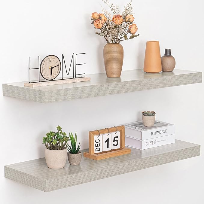 36 Inch Floating Shelves, 12" Deep Floating Shelf Wall Mounted, 36" Wall Shelves, Rustic Deep Bookshelf, Extra Deeper & Thicker Display Shelves for Bedroom, Living Room, Gray, Set of 2
