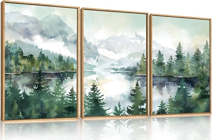 Celestdeco Watercolor Mountain Framed Canvas Wall Art Set, Boho Forest Wall Decor, Nature Green Pines Wall Painting, Forest Wilderness Artwork for Living Room, Bedroom, Dining Room, Office - 24"x36"x3