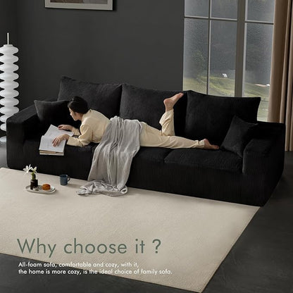 Boneless Sectional Cloud Couch Sofa Bed for Living Room, 112" Modular Modern Lounge 3 Seater Sleeper Black Couches with Chaise, No Assemble, Cordury Compression Upholstered Sofas