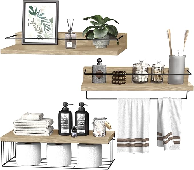 22.5 inches Bathroom Shelves Over Toilet for Wall, Floating Shelves with Storage Basket Paper Holer for Kitchen Living Room, Bedroom & Classroom, Set of 3 (Nature Wood)