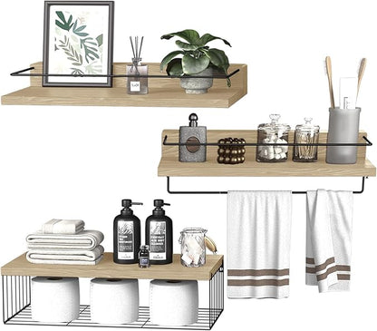 22.5 inches Bathroom Shelves Over Toilet for Wall, Floating Shelves with Storage Basket Paper Holer for Kitchen Living Room, Bedroom & Classroom, Set of 3 (Nature Wood)