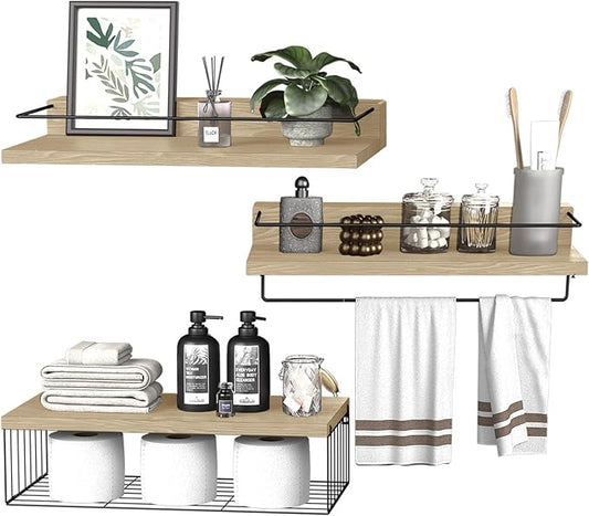 22.5 inches Bathroom Shelves Over Toilet for Wall, Floating Shelves with Storage Basket Paper Holer for Kitchen Living Room, Bedroom & Classroom, Set of 3 (Nature Wood)