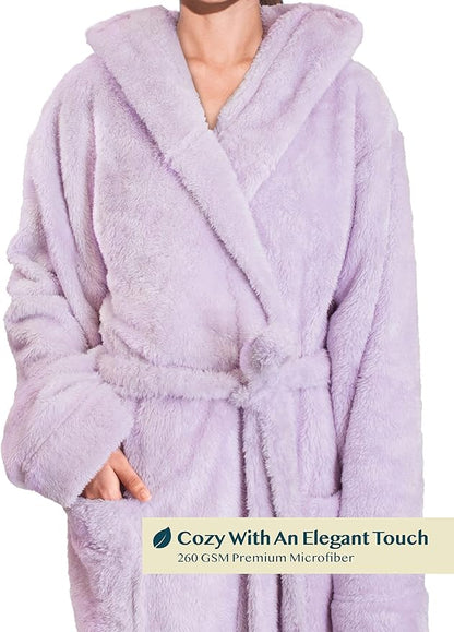 PAVILIA Women Hooded Plush Soft Robe | Fluffy Warm Fleece Sherpa Shaggy Bathrobe