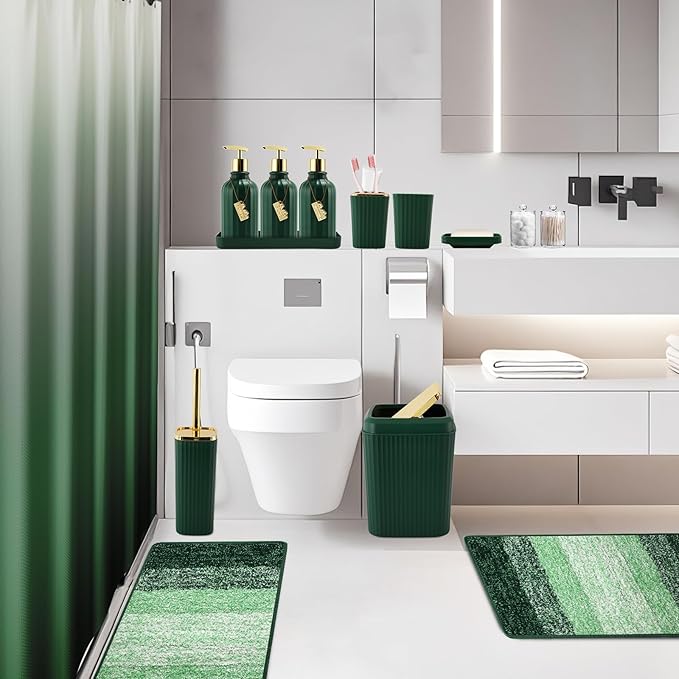 32PCS Bathroom Set Bathroom Sets with Shower Curtain and Rugs Hunter Green Bathroom Accessories,Shower Curtain Set,Bathroom Rug Set with Bathroom Trash Can