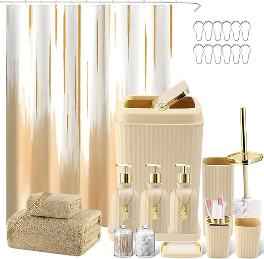 32PCS Bathroom Accessory Set Bathroom Accessories Set Beige Bathroom Set, Shower Curtain Set, 2 Piece Bath Towel Set, 3PC Soap Dispenser, Toilet Brush & Trash Can