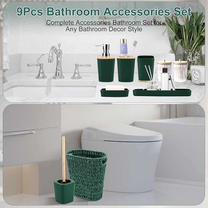 Dark Green Bathroom Accessories Set with Wicker Trash Can, Dark Green Bathroom Accessories Set Bathroom Sets Small Waste Basket Bathroom Trash Can for Bedroom Bathroom
