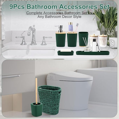 Dark Green Bathroom Accessories Set with Wicker Trash Can, Dark Green Bathroom Accessories Set Bathroom Sets Small Waste Basket Bathroom Trash Can for Bedroom Bathroom