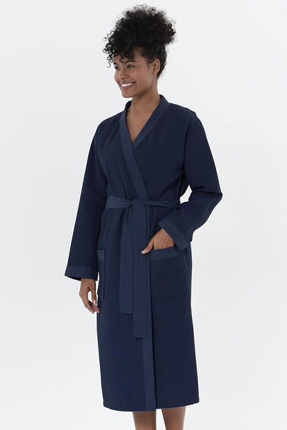 Women’s Luxury Waffle Shawl Collar, Hooded Robe w Piping – Lightweight, Long, Ultra Soft Spa Sleepwear Bathrobe
