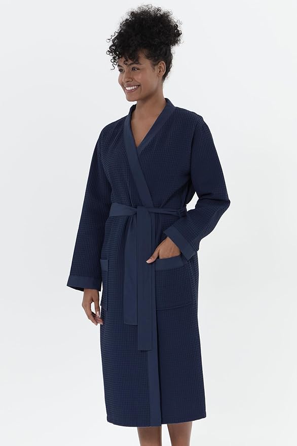 Women’s Luxury Waffle Shawl Collar, Hooded Robe w Piping – Lightweight, Long, Ultra Soft Spa Sleepwear Bathrobe