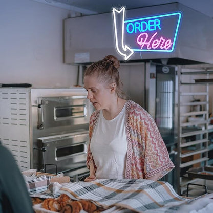 Order Here Neon Sign Led letters Sign Dimmable Order Neon Light for Wall Decor Larger Order Here Light Up Sign for Restaurant Shop Bar Business Neon Decor(16.1 * 12.6 In)