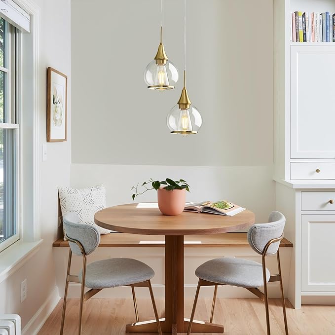 Pendant Light Fixtures Kitchen: 2 Pack Modern Gold Island Light with Clear Glass - 6 Inch Mid Century Globe Kitchen Lighting Chandeliers Ceiling for Foyer Bedroom