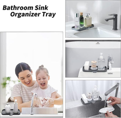 Silicone Bathroom Soap Dishes with Drain Spout-Bathroom and Kitchen Sink Organizer,Sponge Holder,Dish Soap Tray,Perfect for Dispenser,Scrubber,Bottle,Cup on Sink or Counter-Grey 9.6"×5.3"