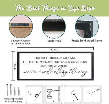 The Best Things in Life Wall Decor Sign 32 x 12 Inch Memories Inspirational Quotes Wood Framed Family Entryway Living Room Home Wall Art for Farmhouse Bedroom Room (Black)