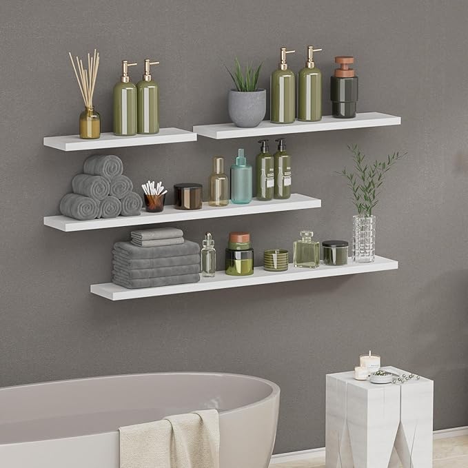 SAUMONIERES Floating Shelves 8 Inch Deep Solid Wood Wide Wall Shelf Set of 2 Wall Mounted for Bedroom Bathroom Living Room Kitchen, 36 Inch White