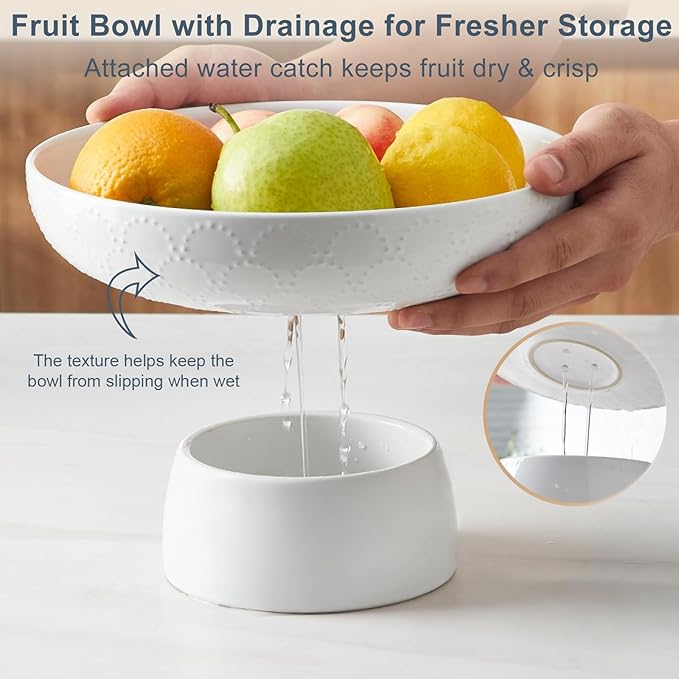 ONEMORE Ceramic Fruit Bowl, 10" Large White Removable Pedestal Bowl for Kitchen Counter, Modern Footed Fruit Bowl with Draining Holes, Decorative Fruit Bowls for Vegetables, Snacks, Candies