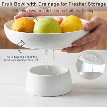 ONEMORE Ceramic Fruit Bowl, 10" Large White Removable Pedestal Bowl for Kitchen Counter, Modern Footed Fruit Bowl with Draining Holes, Decorative Fruit Bowls for Vegetables, Snacks, Candies