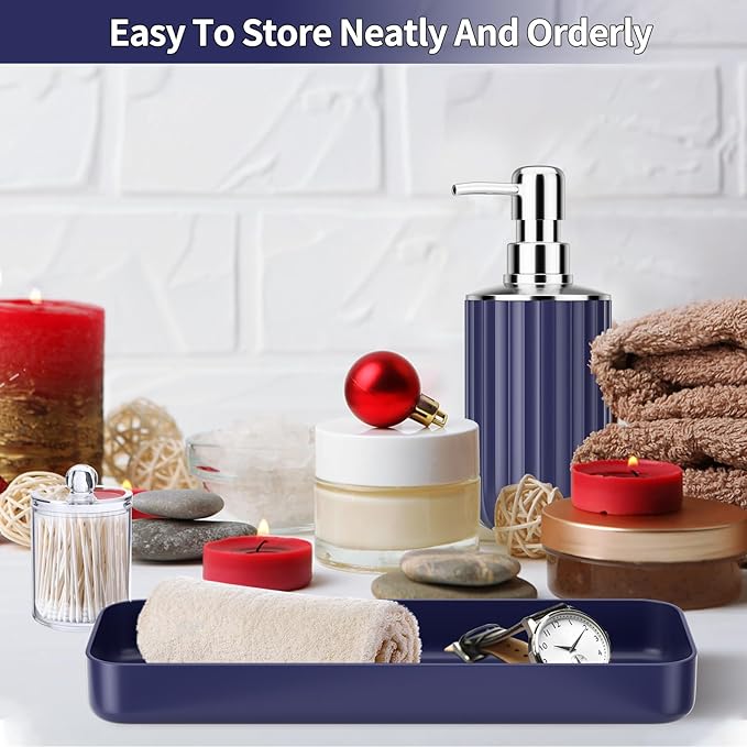 9PCS Nave Blue Bathroom Accessories Set Complete with Trash Can, Vanity Tray, Soap Dispenser, Soap Dish, Toothbrush Holder, Toothbrush Cup, Toilet Brush and Qtip Holders