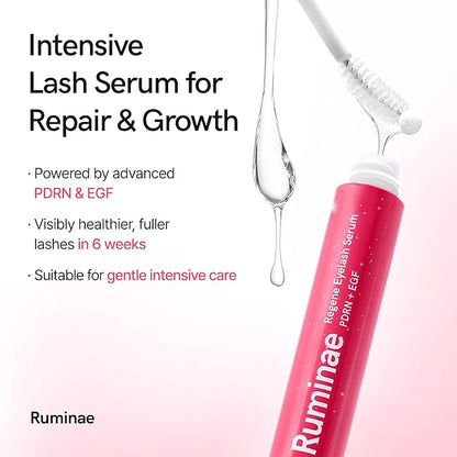 Regene Eyelash Serum | PDRN, EGF with 20 Amino Acids, 9 Peptides | Korean Eyelash & Brow Growth Serum | Gentle Formula to Boost Longer Fuller and Thicker Lashes (0.34 fl.oz.)