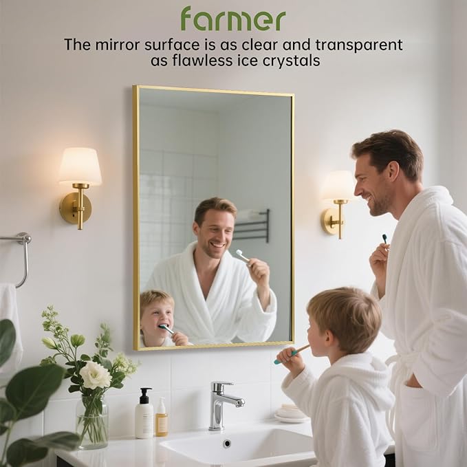 FARMER 22x30 Inch Gold Bathroom Mirror, Rectangle Wall Mounted Mirror, Vanity Mirror, Brushed Square Mirror, Framed Bathroom Mirror for Bedrooms, Entryways, Living Rooms, Horizontal/Vertical