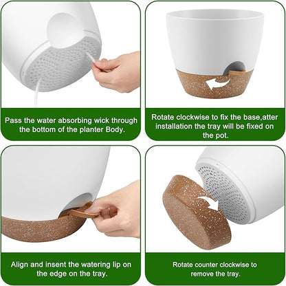 Plant Pots 10/9/8 Inch Self Watering Pots, Set of 3 Plastic Planters with Drainage Holes and Saucers,Plastic Flower Pots,Nursery Planting Pot for Indoor Out Door Plants（White）