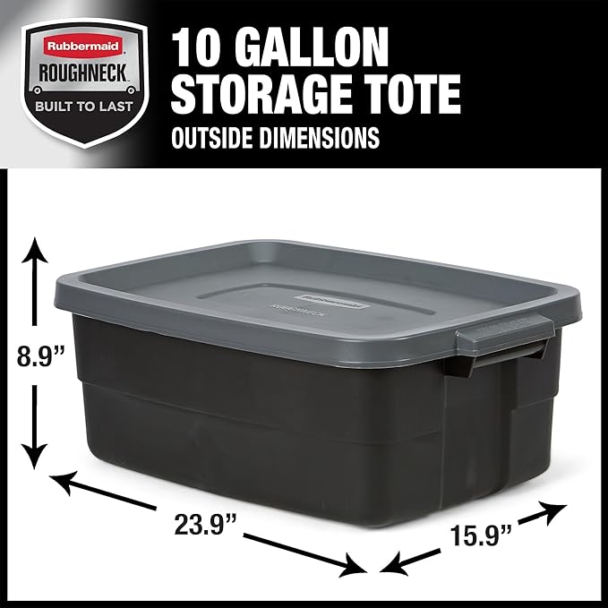 Rubbermaid Roughneck Tote 10 Gal, 6 Pack, Made in USA, Black & Gray, Rugged Plastic Stackable Storage Bins with Lids and Handles