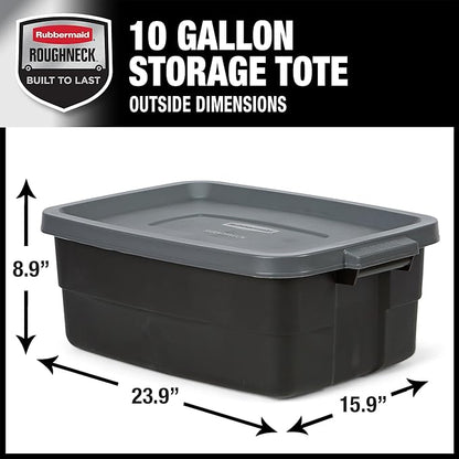 Rubbermaid Roughneck Tote 10 Gal, 6 Pack, Made in USA, Black & Gray, Rugged Plastic Stackable Storage Bins with Lids and Handles